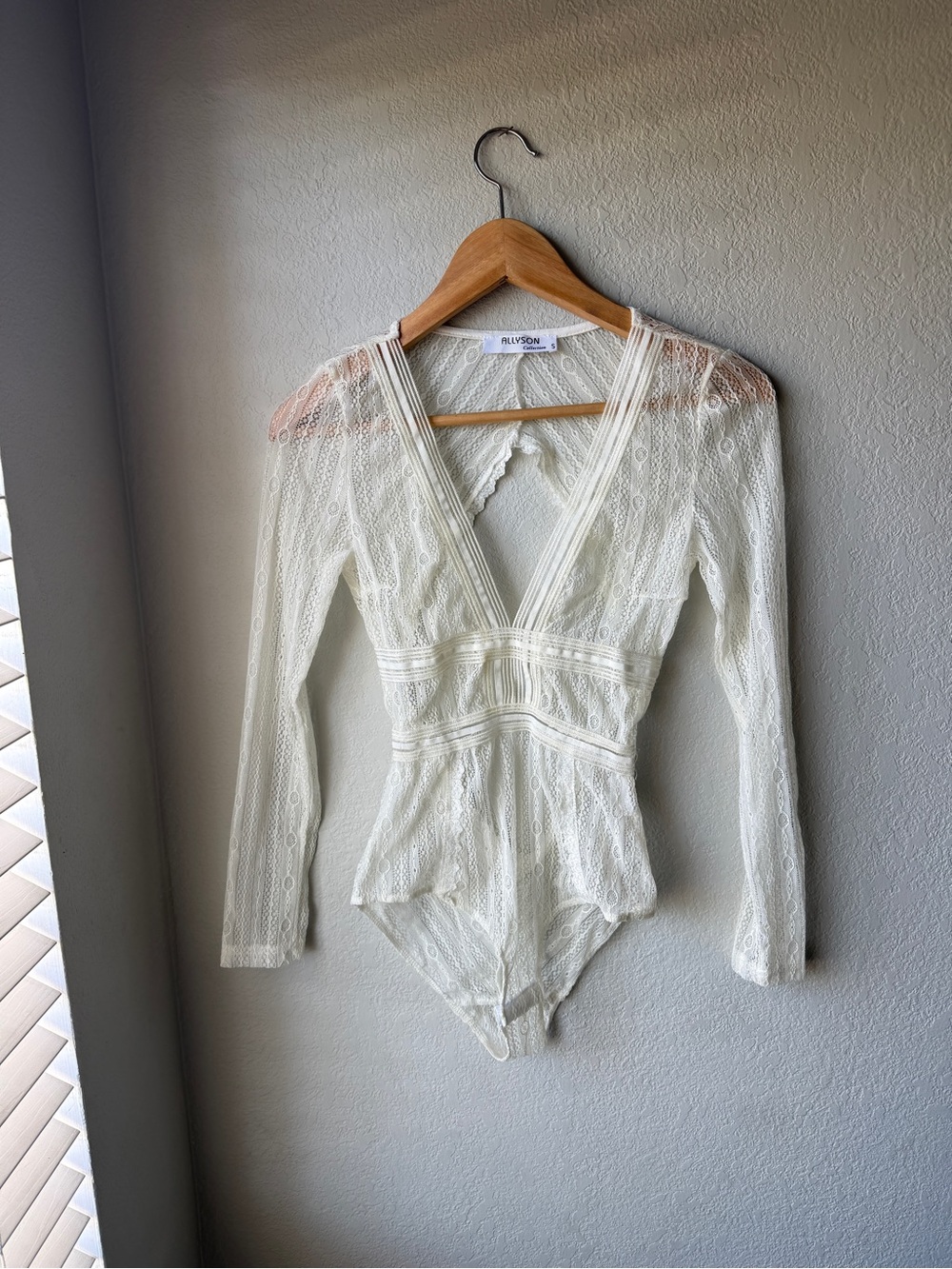 Lace Plunge Long-Sleeve Bodysuit in Ivory